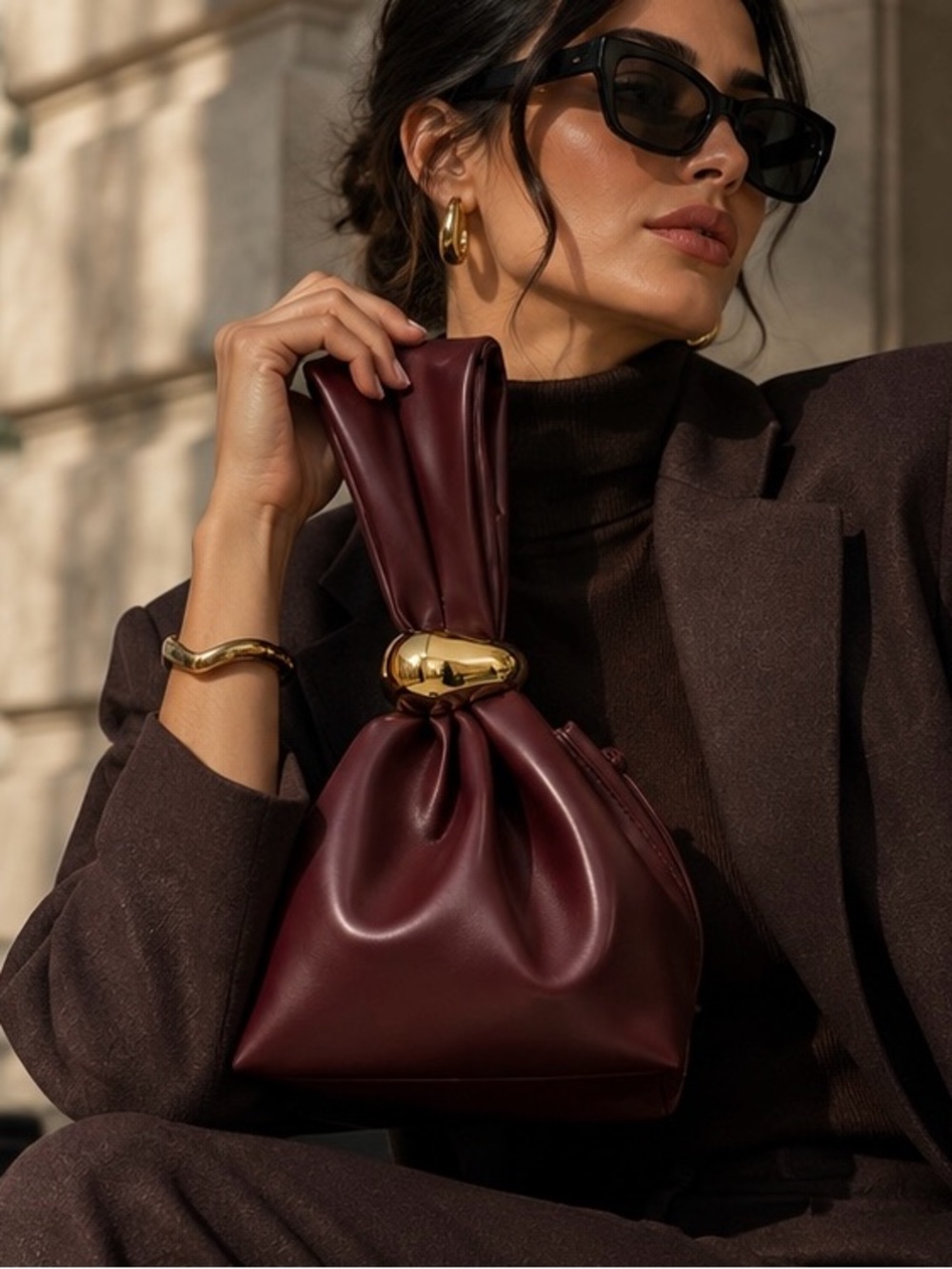 Burgundy Knot-Handle Mini Bag with Gold Accent